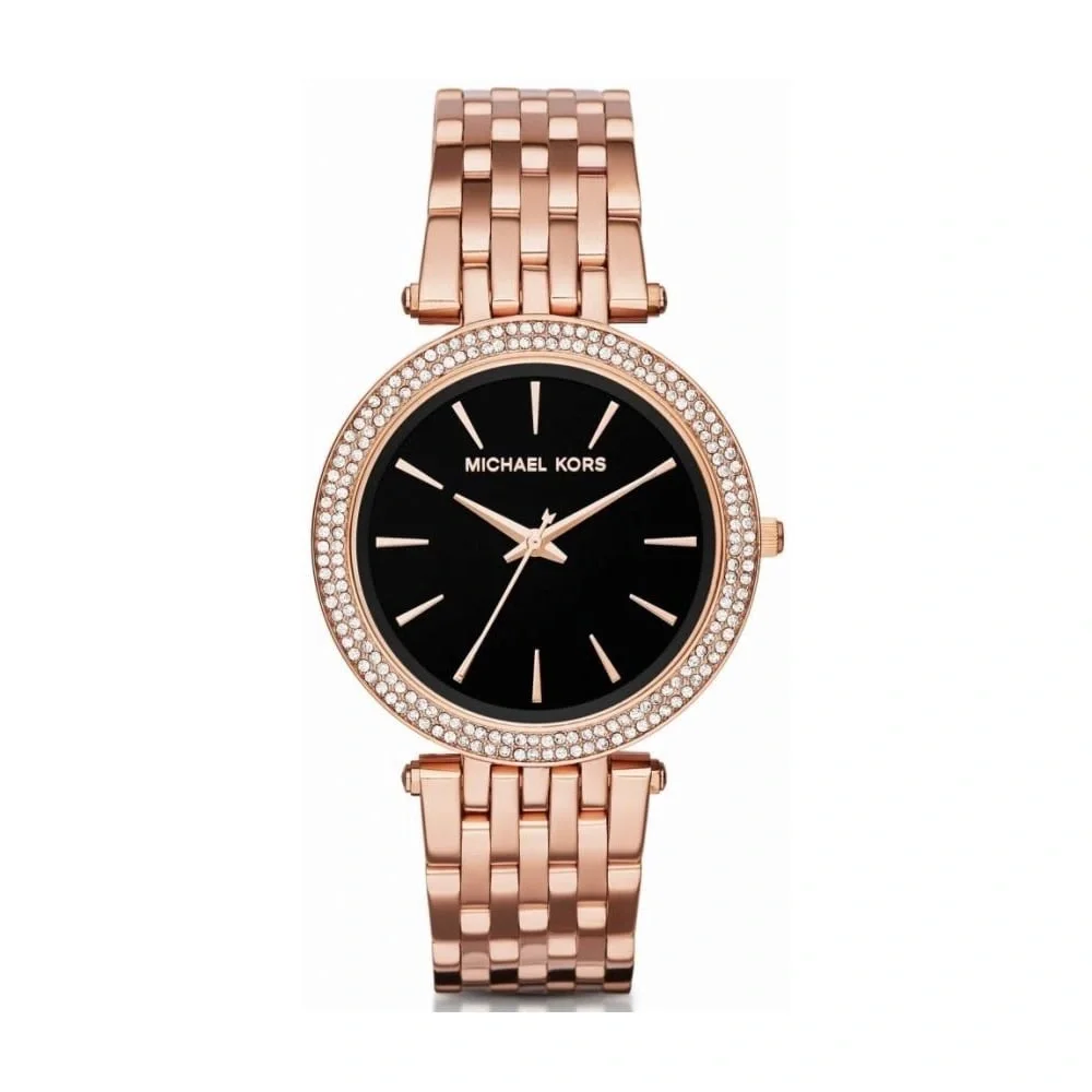 NWT Michael Kors Women Black Darci Rose Gold Pave Watch